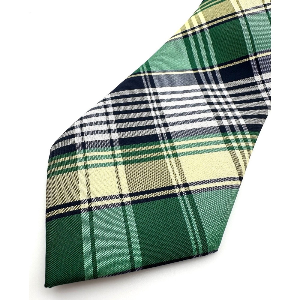 BARRY WANG Hand Tailored Silk Green & Yellow Plaid Neck Tie Preppy